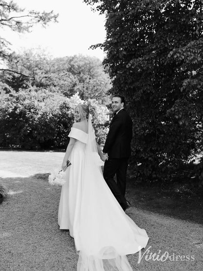 Modern Satin Wedding Dress with Off-Shoulder Wrap Bodice, High Slit and Cathedral Train – MS106-wedding dresses 2025 -Viniodress-Ivory-Custom Size-