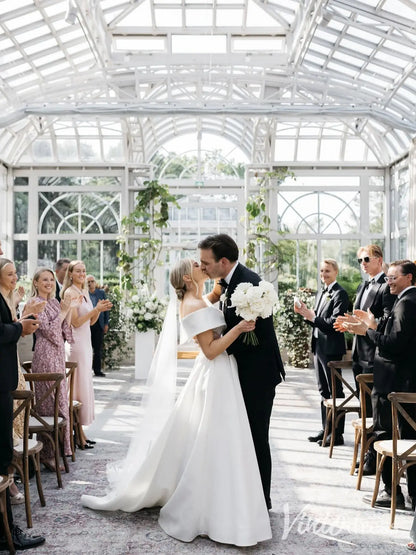 Modern Satin Wedding Dress with Off-Shoulder Wrap Bodice, High Slit and Cathedral Train – MS106-wedding dresses 2025 -Viniodress-Ivory-Custom Size-