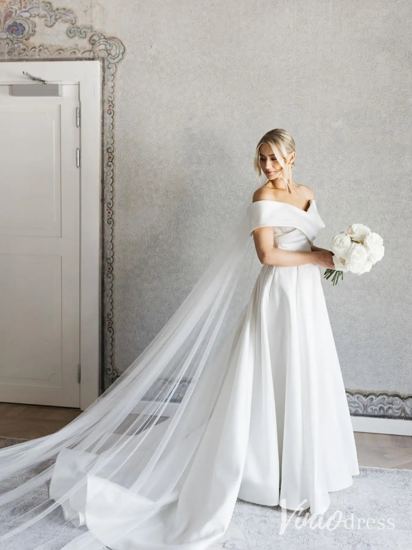 Off-Shoulder Satin Wedding Dress with Slit and Cathedral Train MS106 Viniodress Off-Shoulder Satin Wedding Dress with Slit and Cathedral Train MS106 Viniodress