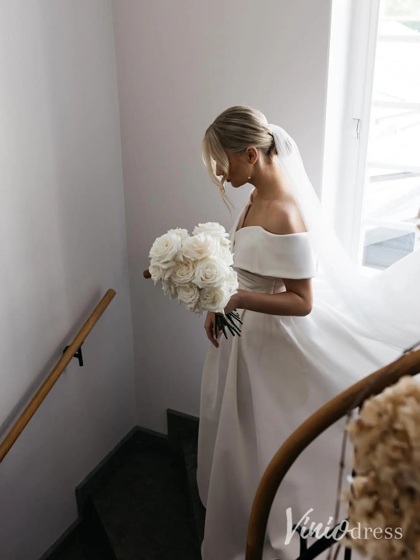 Modern Satin Wedding Dress with Off-Shoulder Wrap Bodice, High Slit and Cathedral Train – MS106-wedding dresses 2025 -Viniodress-Ivory-Custom Size-