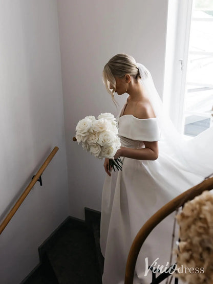 Modern Satin Wedding Dress with Off-Shoulder Wrap Bodice, High Slit and Cathedral Train – MS106-wedding dresses 2025 -Viniodress-Ivory-Custom Size-