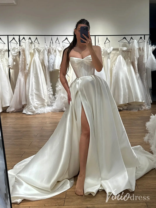 Modern Satin Wedding Gown with Sweetheart Boned Bodice and Slit Skirt – MS120-wedding dresses 2025 -Viniodress-Ivory-Custom Size-