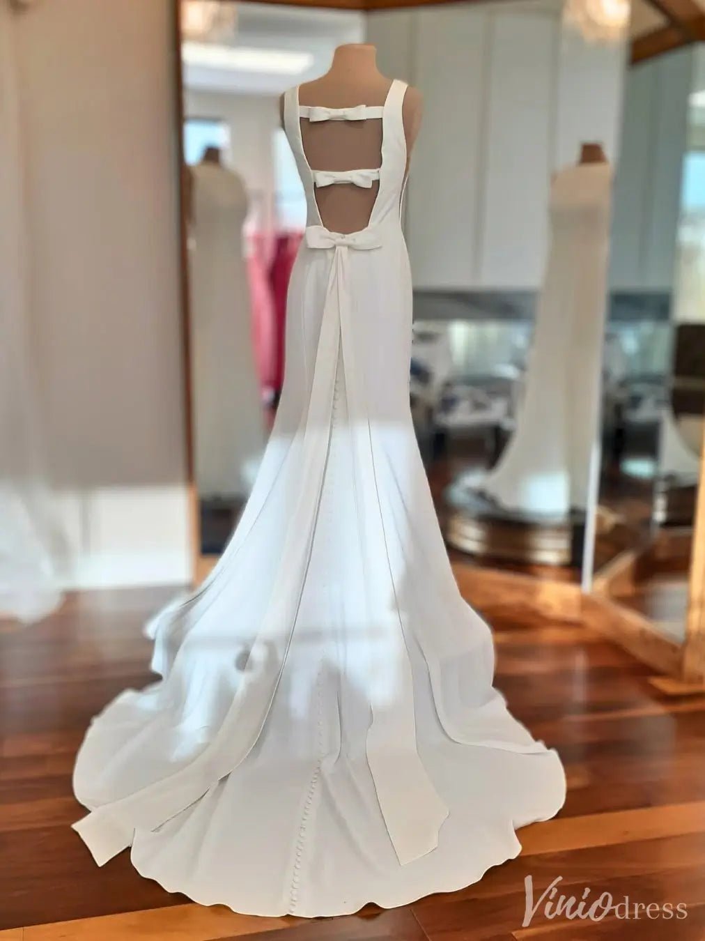Modern Sheath Crepe Wedding Dress Bow Tie Open Back– MN117-wedding dresses 2025 -Viniodress-Ivory-Custom Size-