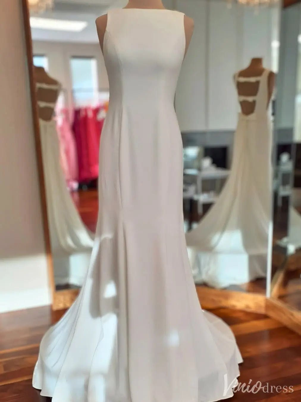 Modern Sheath Crepe Wedding Dress Bow Tie Open Back– MN117-wedding dresses 2025 -Viniodress-Ivory-Custom Size-