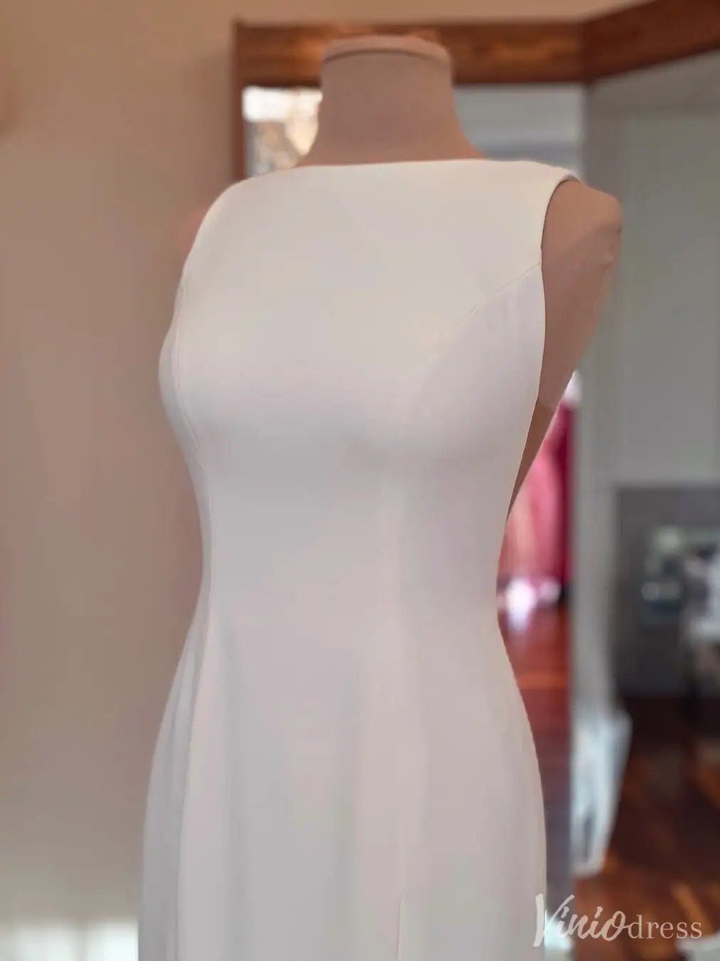 Modern Sheath Crepe Wedding Dress Bow Tie Open Back– MN117-wedding dresses 2025 -Viniodress-Ivory-Custom Size-