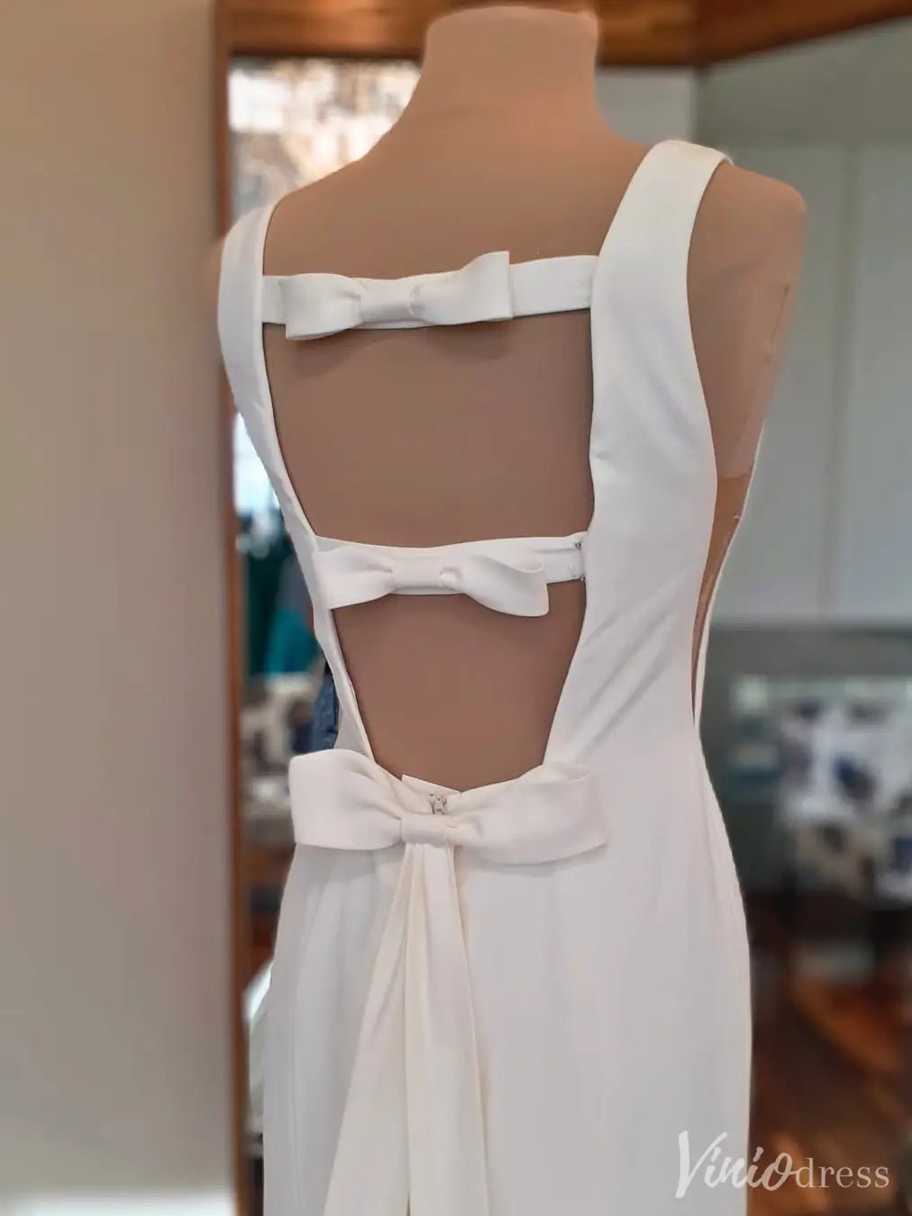 Modern Sheath Crepe Wedding Dress Bow Tie Open Back– MN117-wedding dresses 2025 -Viniodress-Ivory-Custom Size-