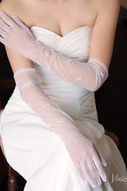 Modern Sheer Long Opera Bridal Gloves with Bows & Pearls WG170-Bridal Gloves 2026-Viniodress-Ivory-