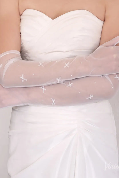 Modern Sheer Long Opera Bridal Gloves with Bows & Pearls WG170-Bridal Gloves 2026-Viniodress-Ivory-