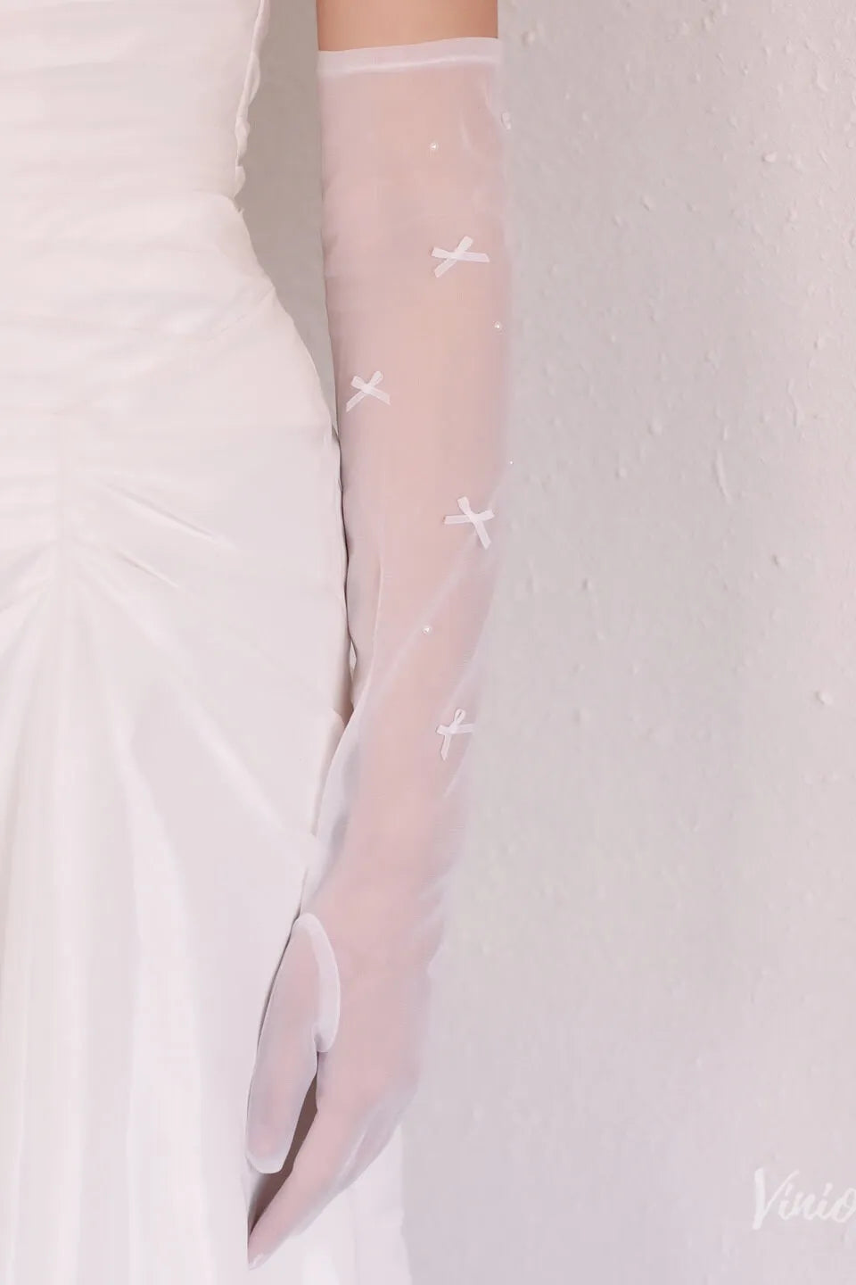Modern Sheer Long Opera Bridal Gloves with Bows & Pearls WG170-Bridal Gloves 2026-Viniodress-Ivory-