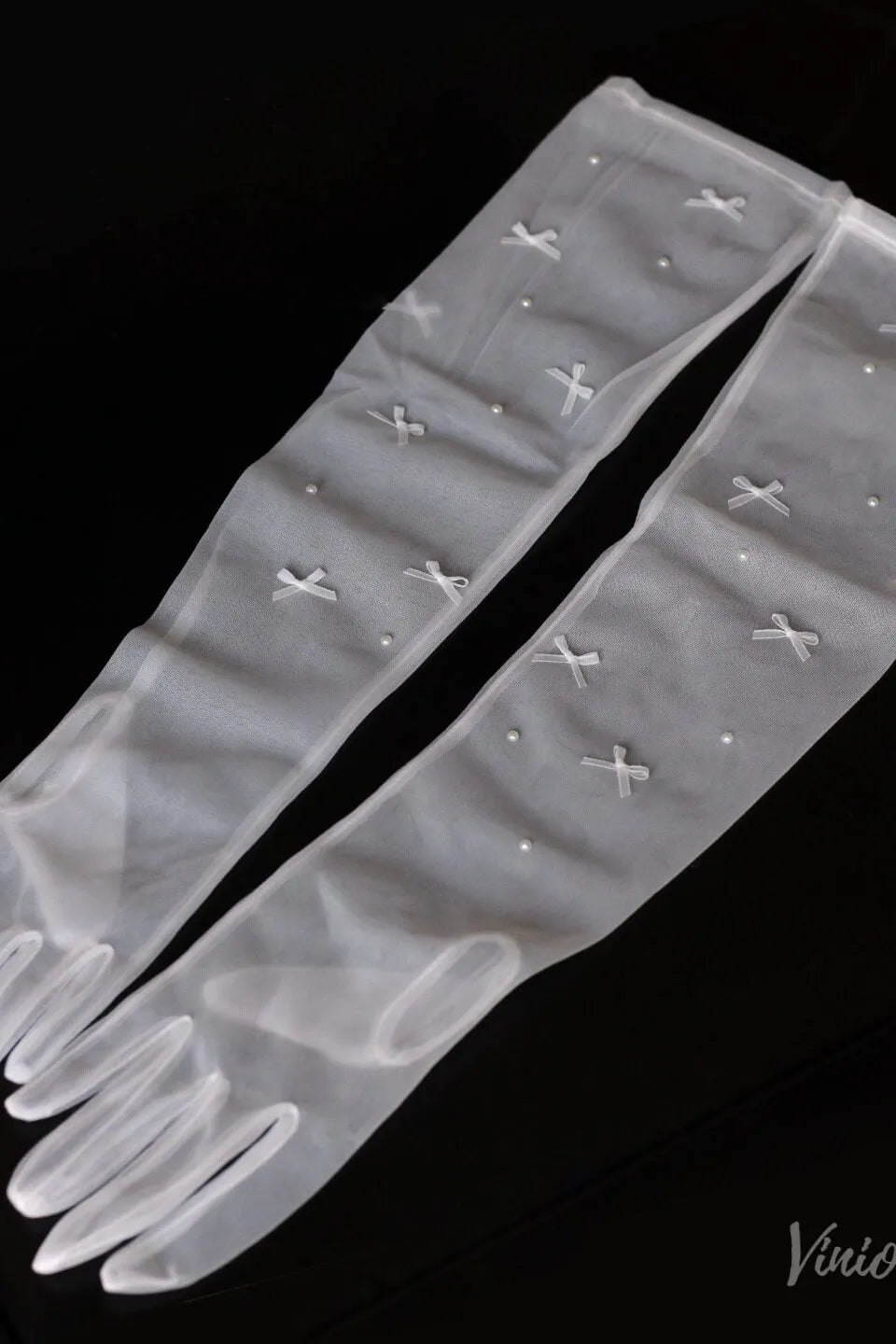 Modern Sheer Long Opera Bridal Gloves with Bows & Pearls WG170-Bridal Gloves 2026-Viniodress-Ivory-