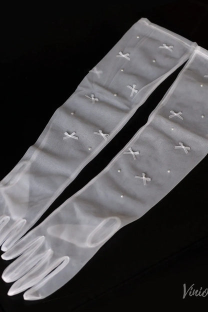 Modern Sheer Long Opera Bridal Gloves with Bows & Pearls WG170-Bridal Gloves 2026-Viniodress-Ivory-