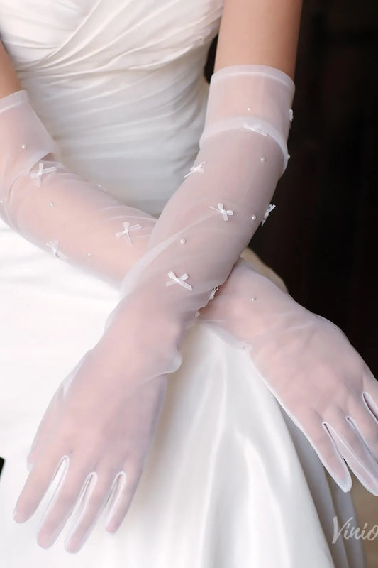 Modern Sheer Long Opera Bridal Gloves with Bows & Pearls WG170-Bridal Gloves 2026-Viniodress-Ivory-