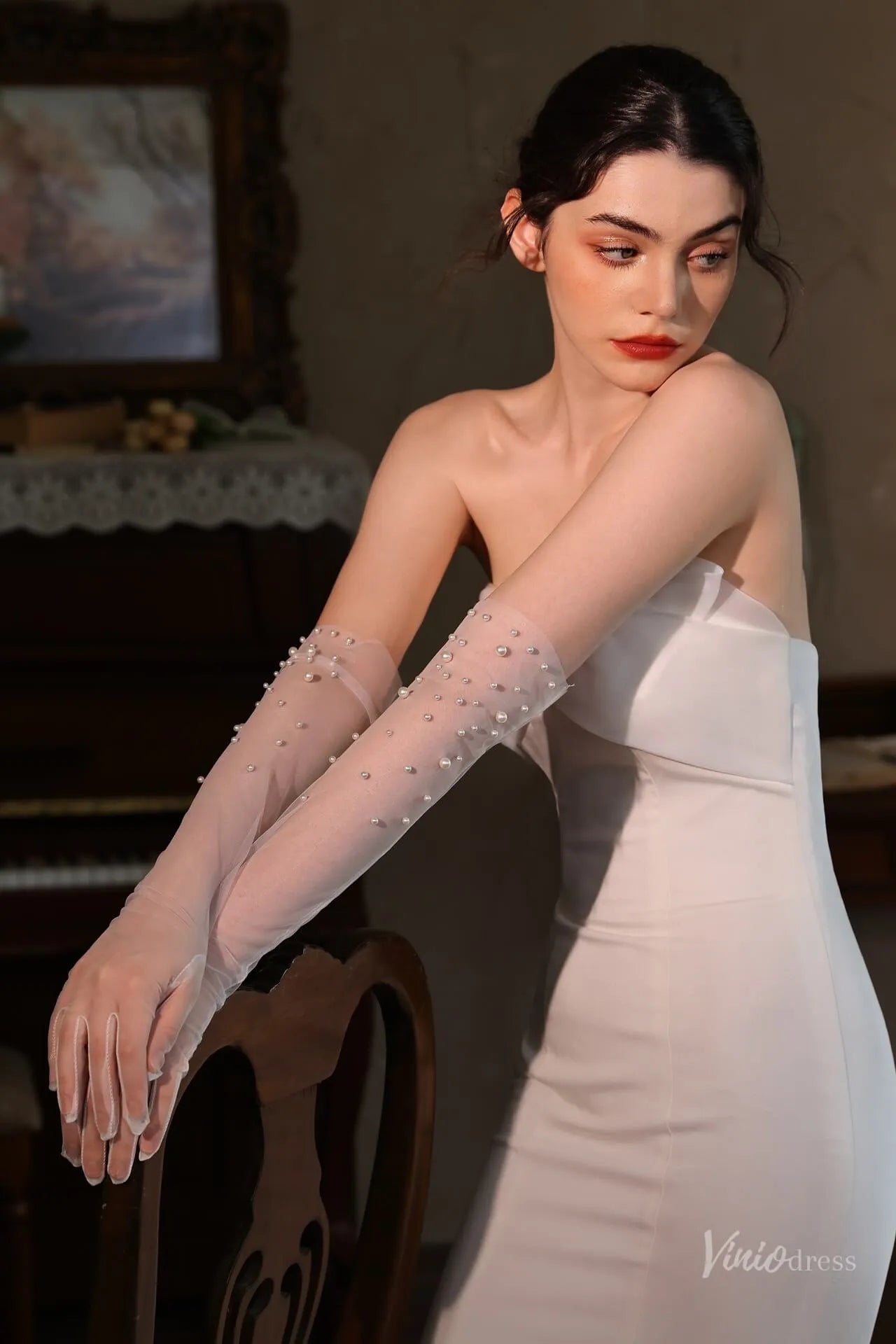 Modern Sheer Tulle Bridal Gloves with Pearls WG138-Bridal Gloves 2026-Viniodress-Ivory-