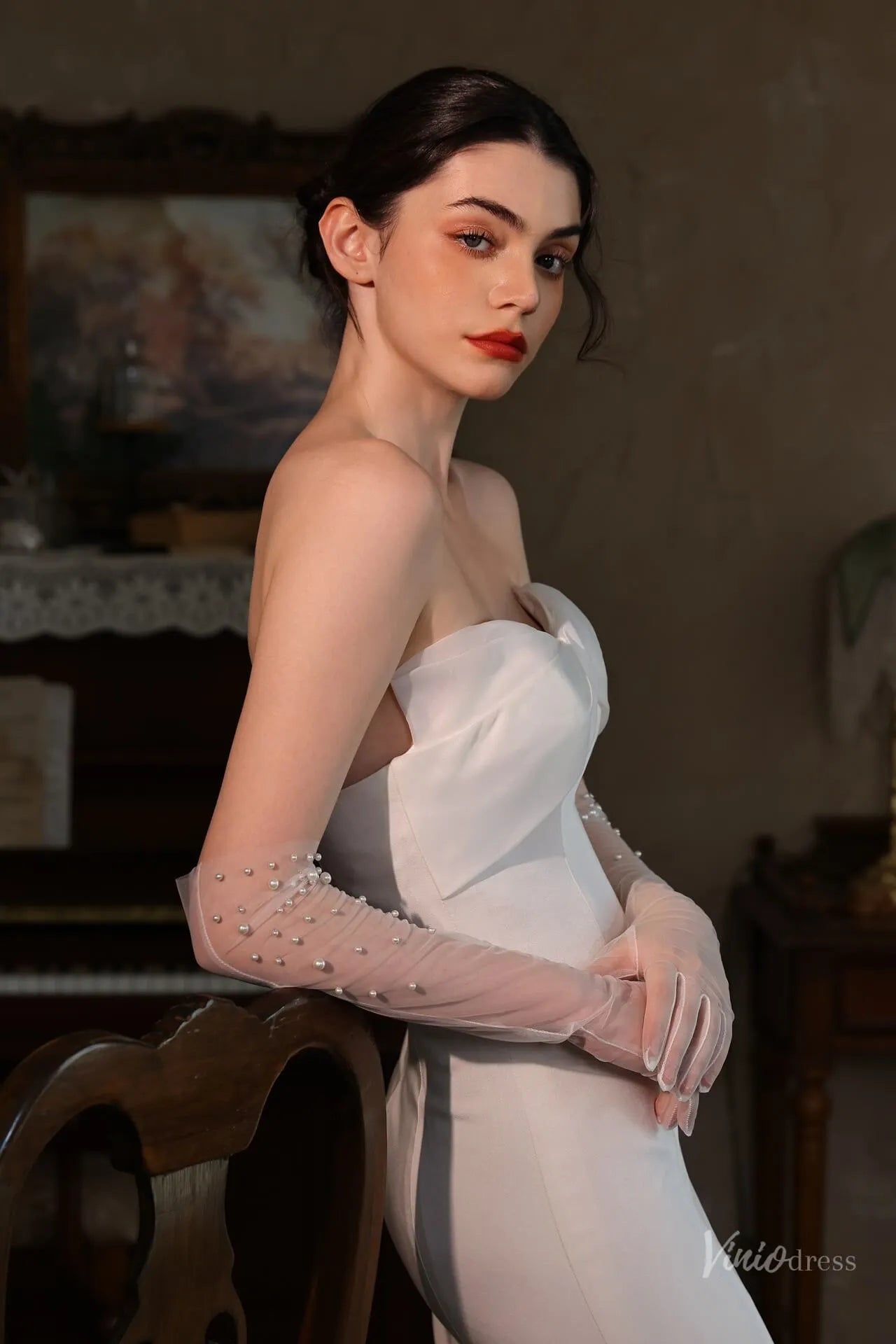 Modern Sheer Tulle Bridal Gloves with Pearls WG138-Bridal Gloves 2026-Viniodress-Ivory-