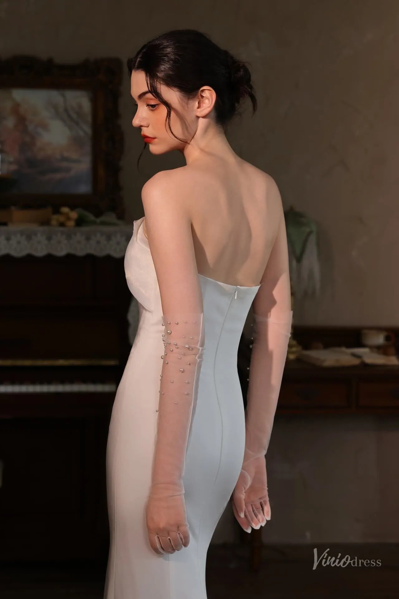 Modern Sheer Tulle Bridal Gloves with Pearls WG138-Bridal Gloves 2026-Viniodress-Ivory-