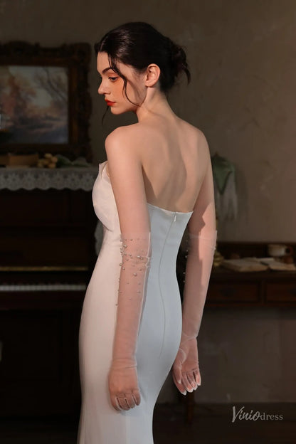 Modern Sheer Tulle Bridal Gloves with Pearls WG138-Bridal Gloves 2026-Viniodress-Ivory-