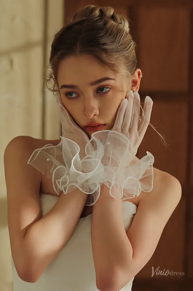 Modern Short Sheer Tulle Bridal Gloves with Ruffled Cuff & Pearls WG142-Bridal Gloves 2026-Viniodress-Ivory-