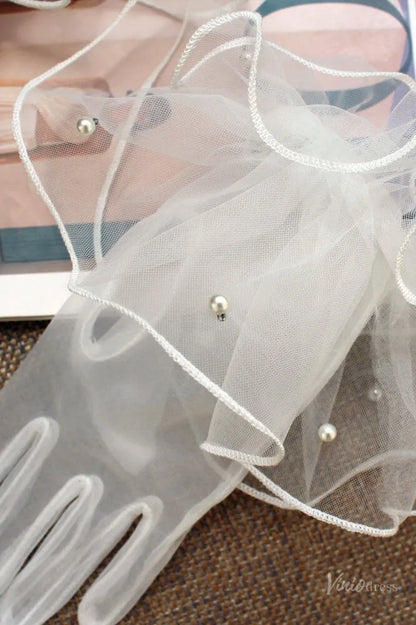 Modern Short Sheer Tulle Bridal Gloves with Ruffled Cuff & Pearls WG142-Bridal Gloves 2026-Viniodress-Ivory-