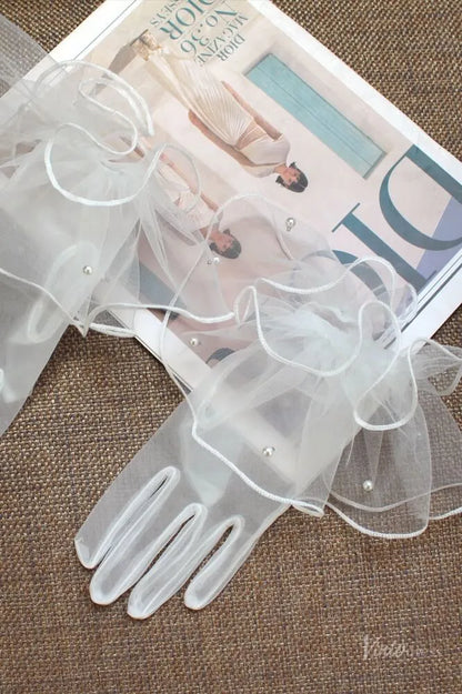 Modern Short Sheer Tulle Bridal Gloves with Ruffled Cuff & Pearls WG142-Bridal Gloves 2026-Viniodress-Ivory-