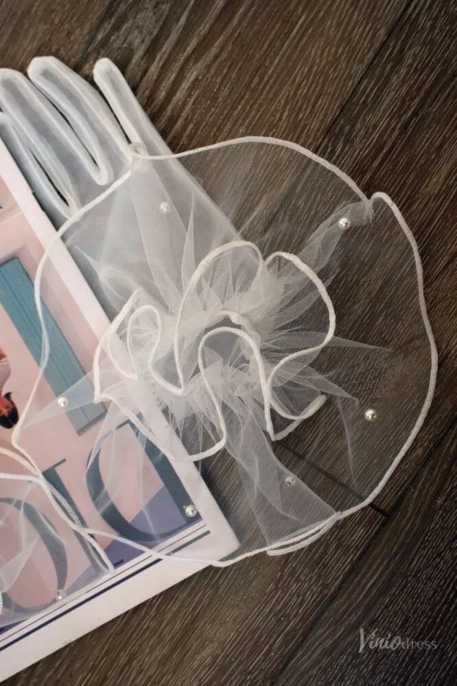 Modern Short Sheer Tulle Bridal Gloves with Ruffled Cuff & Pearls WG142-Bridal Gloves 2026-Viniodress-Ivory-