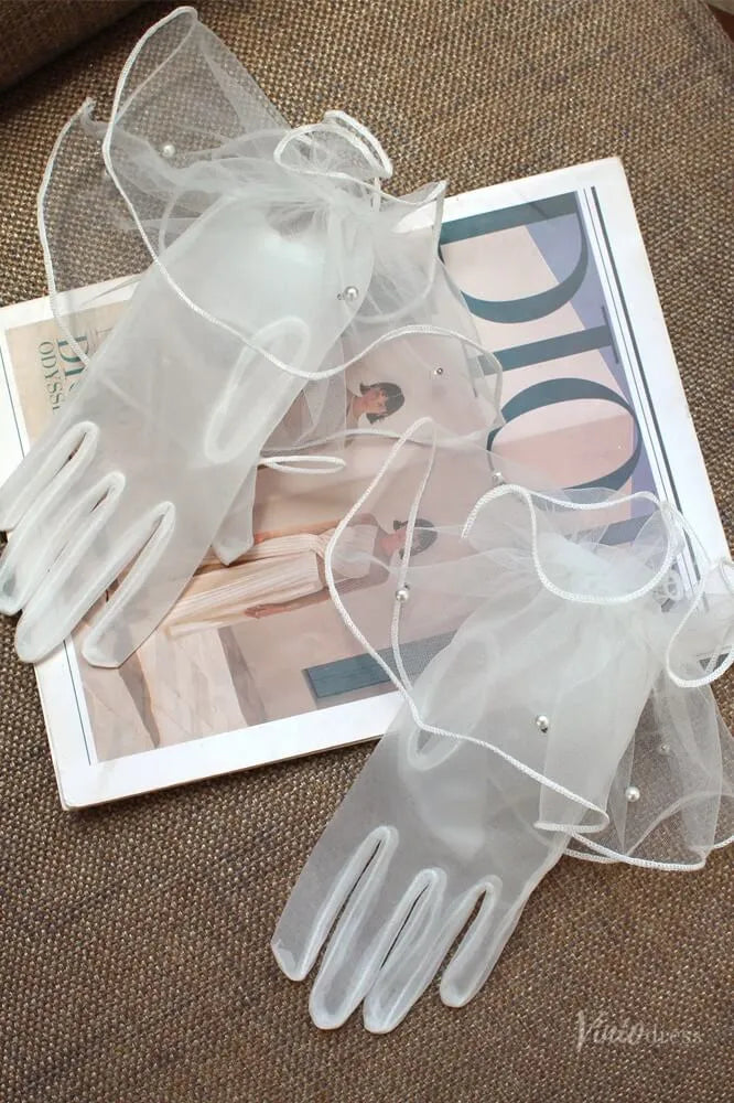 Modern Short Sheer Tulle Bridal Gloves with Ruffled Cuff & Pearls WG142-Bridal Gloves 2026-Viniodress-Ivory-