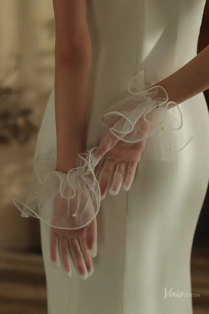 Modern Short Sheer Tulle Bridal Gloves with Ruffled Cuff & Pearls WG142-Bridal Gloves 2026-Viniodress-Ivory-