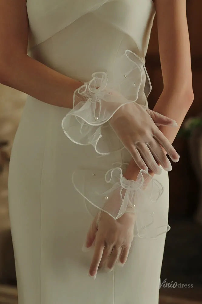 Modern Short Sheer Tulle Bridal Gloves with Ruffled Cuff & Pearls WG142-Bridal Gloves 2026-Viniodress-Ivory-