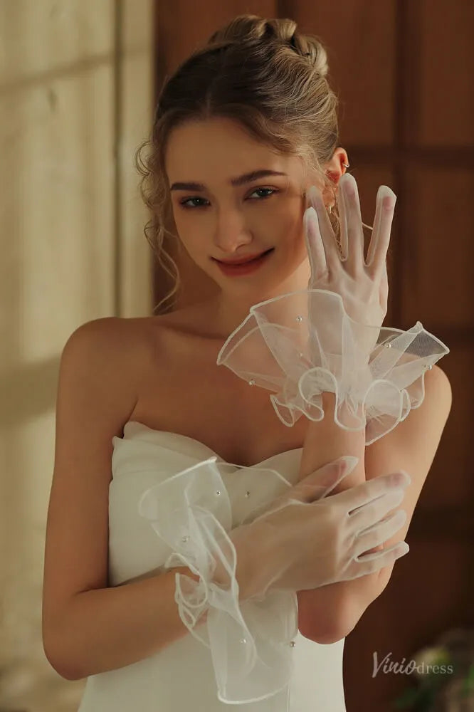 Modern Short Sheer Tulle Bridal Gloves with Ruffled Cuff & Pearls WG142-Bridal Gloves 2026-Viniodress-Ivory-