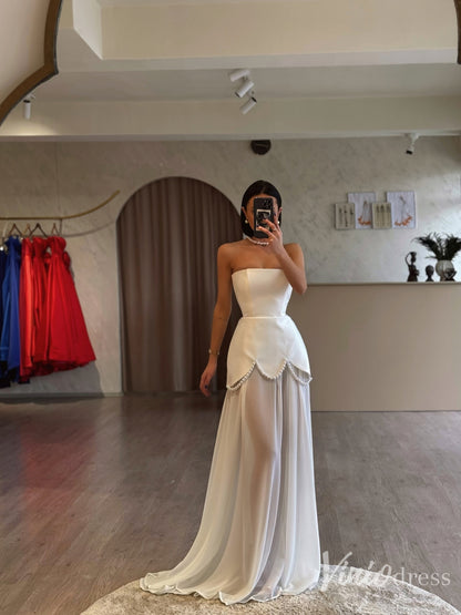 Modern Strapless Satin Wedding Dress with Sheer Skirt & Pearl Trim – FD6129-wedding dresses 2025 -Viniodress-Ivory-Custom Size-
