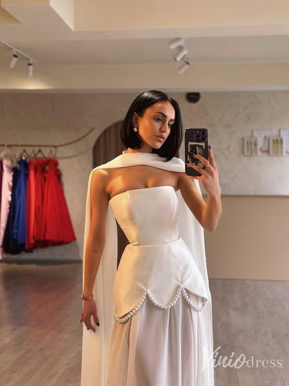 Modern Strapless Satin Wedding Dress with Sheer Skirt & Pearl Trim – FD6129-wedding dresses 2025 -Viniodress-Ivory-Custom Size-