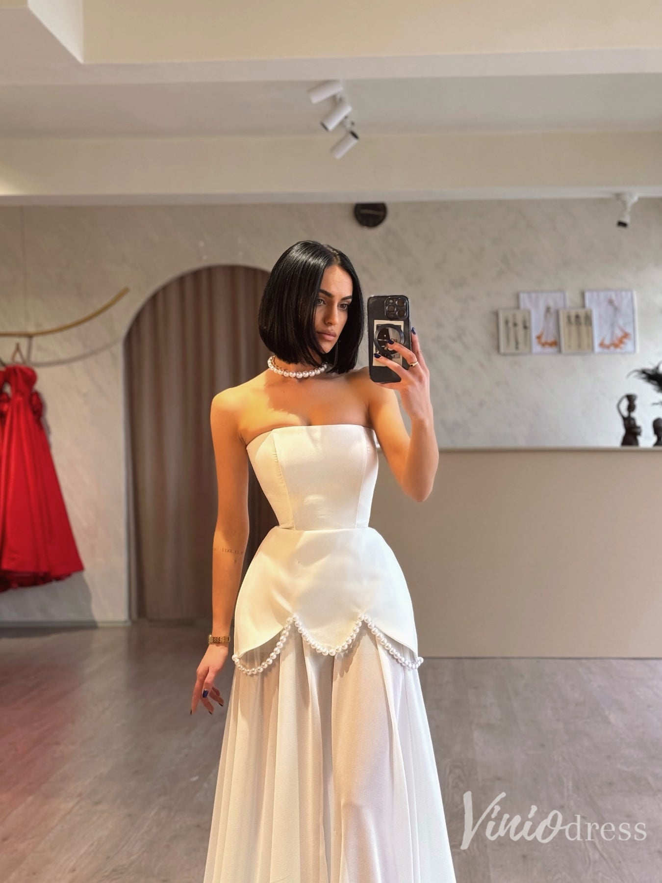 Modern Strapless Satin Wedding Dress with Sheer Skirt & Pearl Trim – FD6129-wedding dresses 2025 -Viniodress-Ivory-Custom Size-