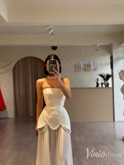 Modern Strapless Satin Wedding Dress with Sheer Skirt & Pearl Trim – FD6129-wedding dresses 2025 -Viniodress-Ivory-Custom Size-