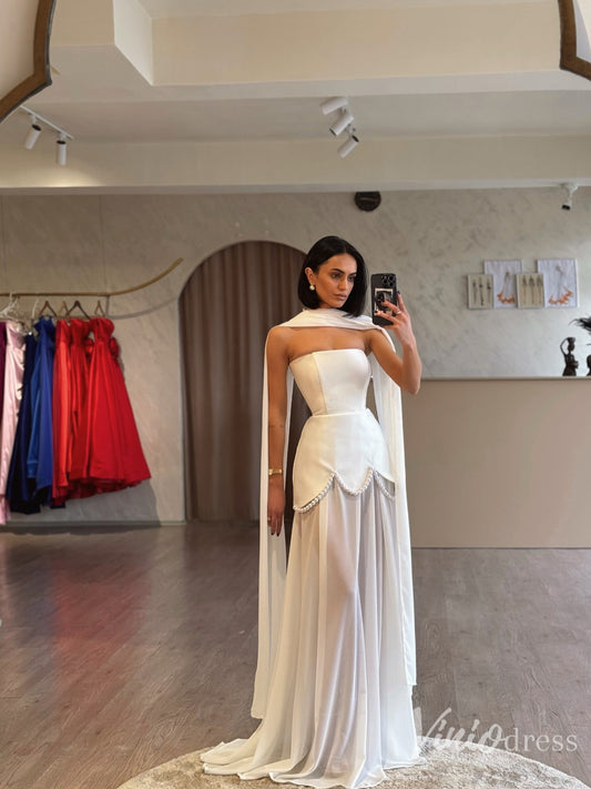 Modern Strapless Satin Wedding Dress with Sheer Skirt & Pearl Trim – FD6129-wedding dresses 2025 -Viniodress-Ivory-Custom Size-