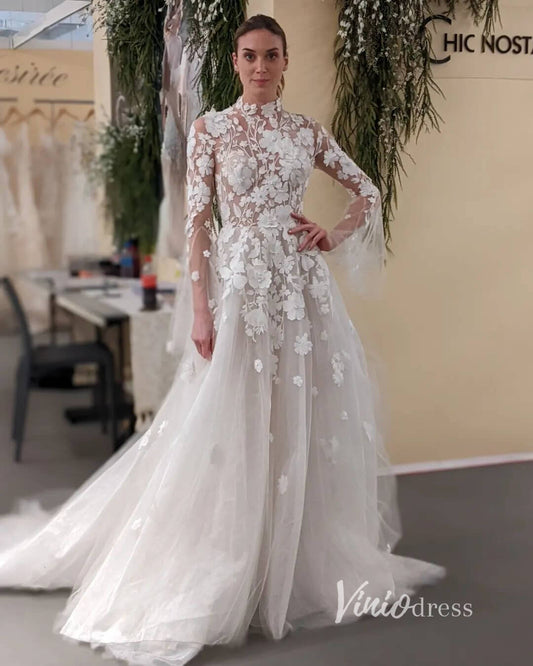 Modest 3D Floral Wedding Dresses High Neck Long Sleeve Celebrity Bridal Dress VW21241-wedding dresses 2025 -Viniodress-Ivory-Custom Size-