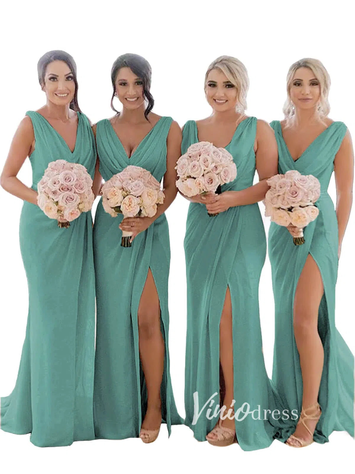 Modest Champagne Long Bridesmaid Dresses with Slit Viniodress VB1003-bridesmaid dresses 2025 -Viniodress-Champagne Blush-Custom Size-