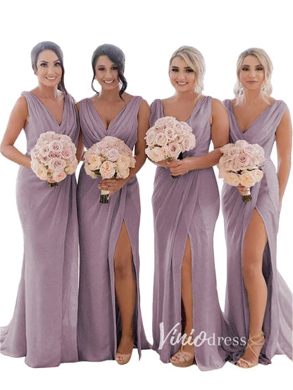 Modest Champagne Long Bridesmaid Dresses with Slit Viniodress VB1003-bridesmaid dresses 2025 -Viniodress-Champagne Blush-Custom Size-