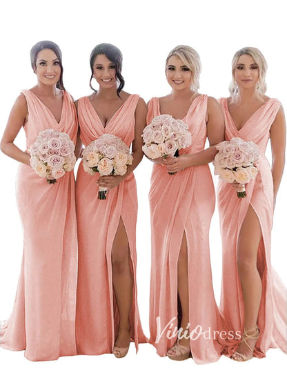 Modest Champagne Long Bridesmaid Dresses with Slit Viniodress VB1003-bridesmaid dresses 2025 -Viniodress-Champagne Blush-Custom Size-