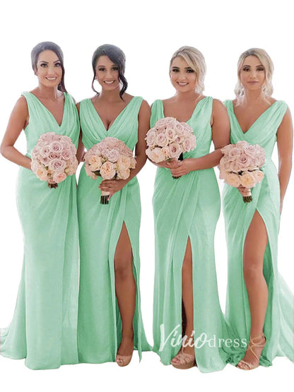 Modest Champagne Long Bridesmaid Dresses with Slit Viniodress VB1003-bridesmaid dresses 2025 -Viniodress-Champagne Blush-Custom Size-