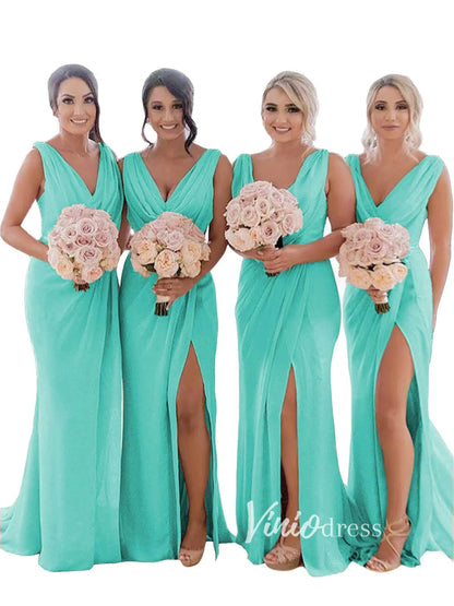 Modest Champagne Long Bridesmaid Dresses with Slit Viniodress VB1003-bridesmaid dresses 2025 -Viniodress-Champagne Blush-Custom Size-