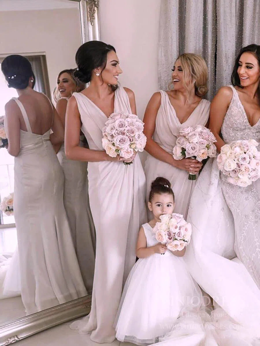 champagne and pink bridesmaid dresses Modest Champagne Long Bridesmaid Dresses with Slit Viniodress VB1003