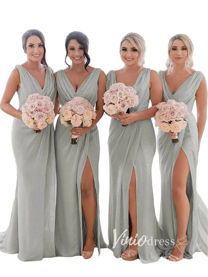 Modest Champagne Long Bridesmaid Dresses with Slit Viniodress VB1003-bridesmaid dresses 2025 -Viniodress-Champagne Blush-Custom Size-