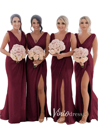 Modest Champagne Long Bridesmaid Dresses with Slit Viniodress VB1003-bridesmaid dresses 2025 -Viniodress-Champagne Blush-Custom Size-