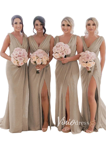 Modest Champagne Long Bridesmaid Dresses with Slit Viniodress VB1003-bridesmaid dresses 2025 -Viniodress-Champagne Blush-Custom Size-