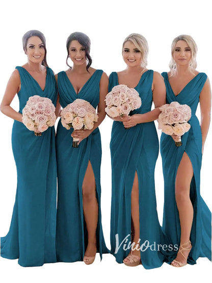 Modest Champagne Long Bridesmaid Dresses with Slit Viniodress VB1003-bridesmaid dresses 2025 -Viniodress-Champagne Blush-Custom Size-