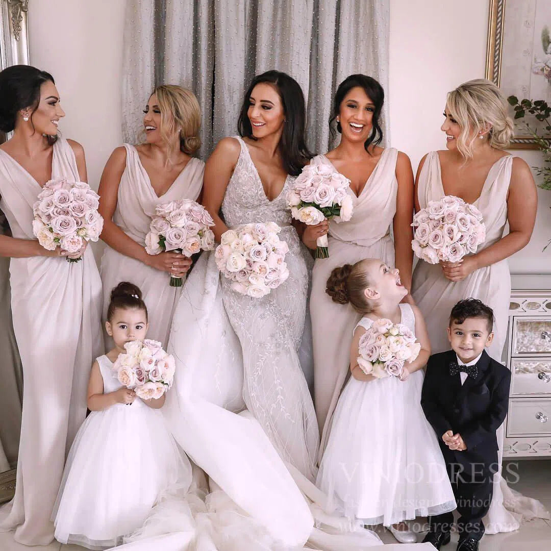 Modest Champagne Long Bridesmaid Dresses with Slit Viniodress VB1003-bridesmaid dresses 2025 -Viniodress-Champagne Blush-Custom Size-