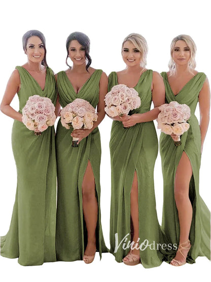 Modest Champagne Long Bridesmaid Dresses with Slit Viniodress VB1003-bridesmaid dresses 2025 -Viniodress-Champagne Blush-Custom Size-