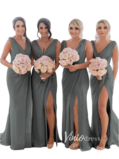 Modest Champagne Long Bridesmaid Dresses with Slit Viniodress VB1003-bridesmaid dresses 2025 -Viniodress-Champagne Blush-Custom Size-