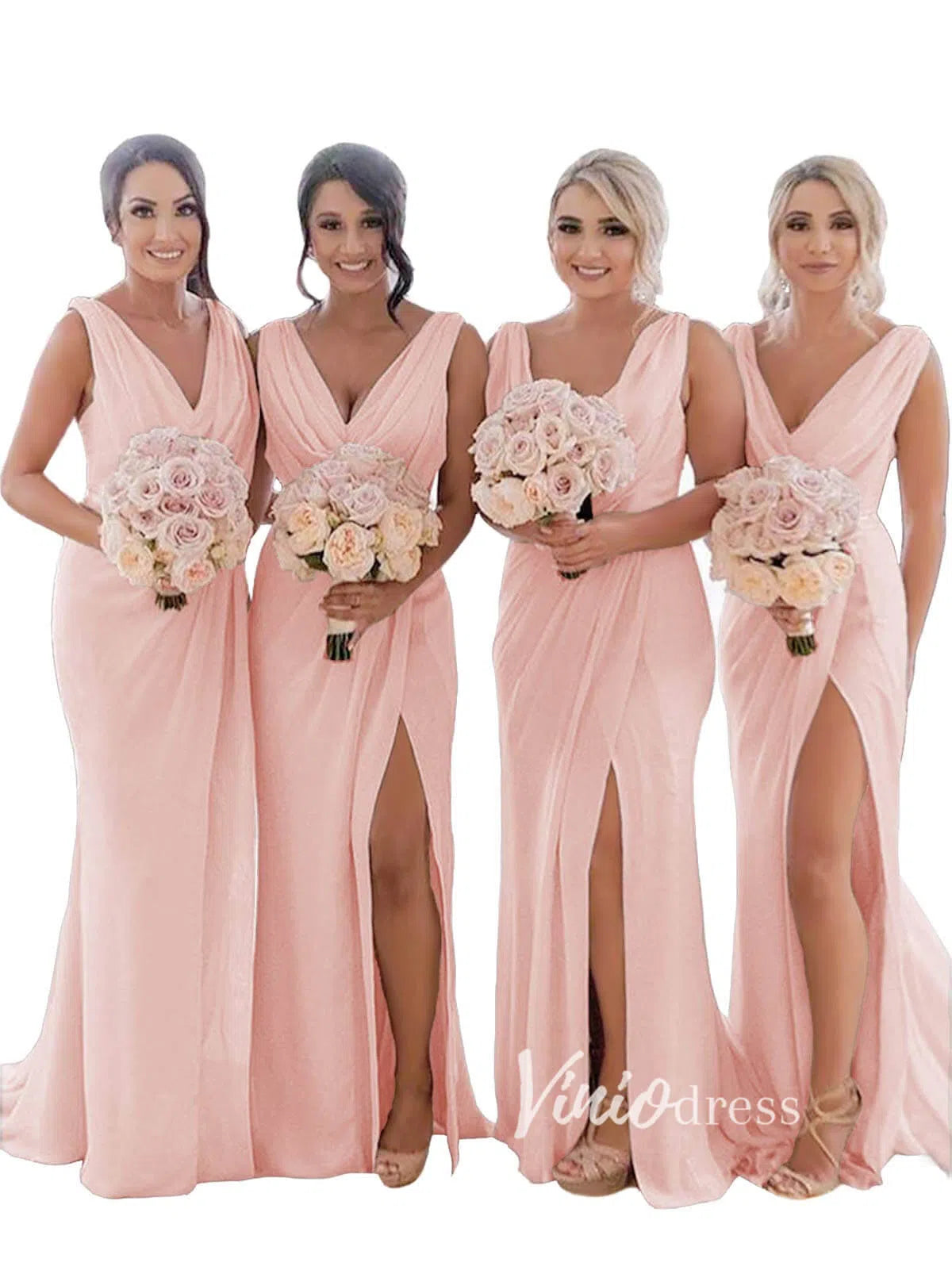 Modest Champagne Long Bridesmaid Dresses with Slit Viniodress VB1003-bridesmaid dresses 2025 -Viniodress-Champagne Blush-Custom Size-