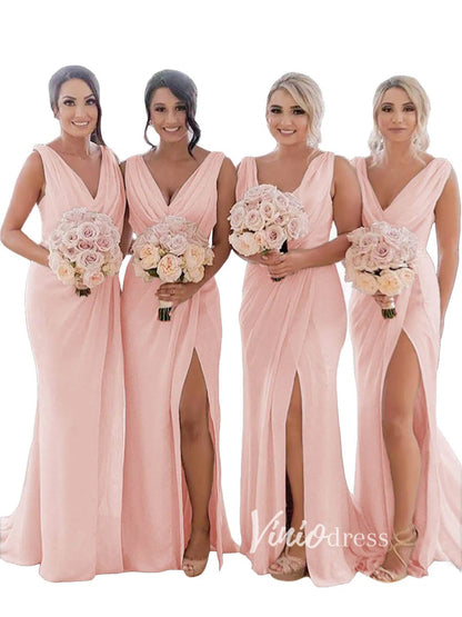 Modest Champagne Long Bridesmaid Dresses with Slit Viniodress VB1003-bridesmaid dresses 2025 -Viniodress-Champagne Blush-Custom Size-