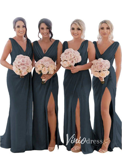 Modest Champagne Long Bridesmaid Dresses with Slit Viniodress VB1003-bridesmaid dresses 2025 -Viniodress-Champagne Blush-Custom Size-